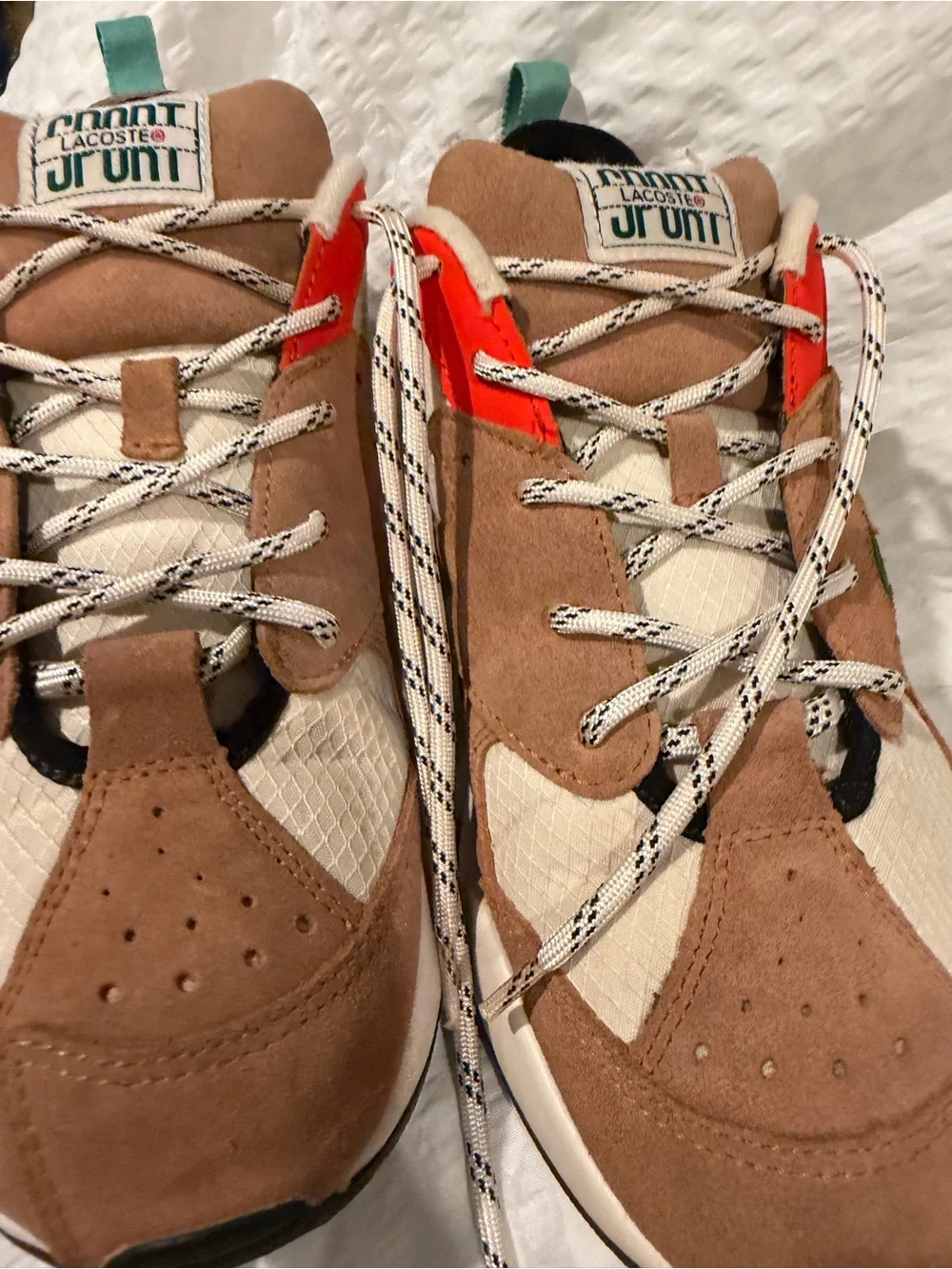 Lacoste Men’s Tan Suede Sneakers with Cream and Orange Accents